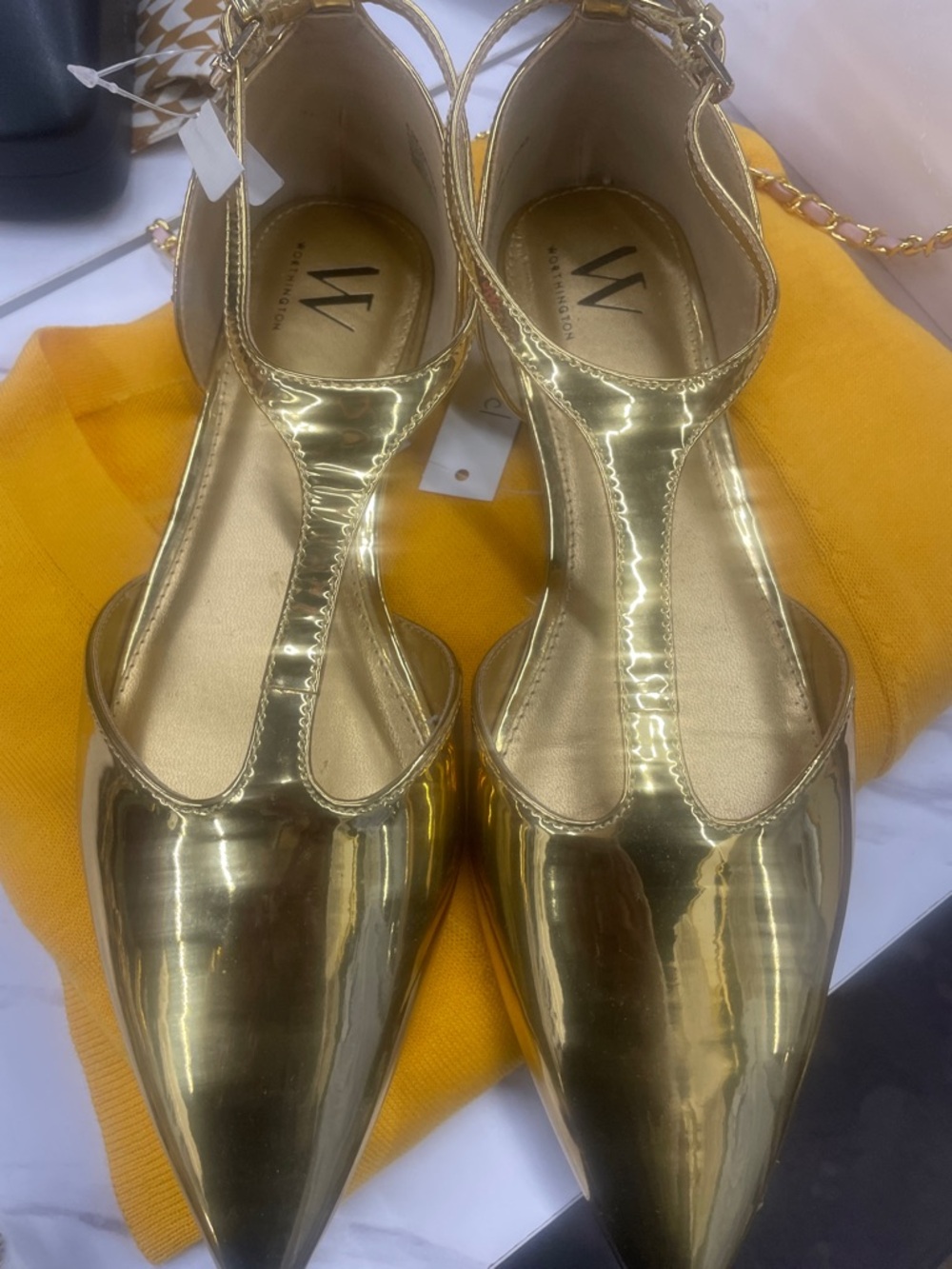 W by Worth Metallic Gold Pointed T-Strap Flats